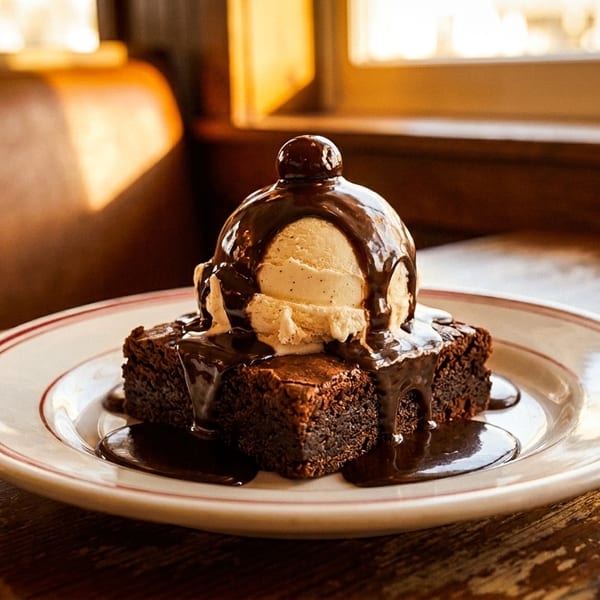 Decadent brownie topped with vanilla ice cream, chocolate sauce, and a cherry on a plate.