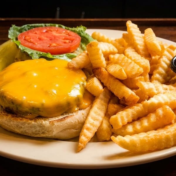 Plate with a cheeseburger, crinkle-cut fries, pickle, tomato, lettuce, and ketchup.