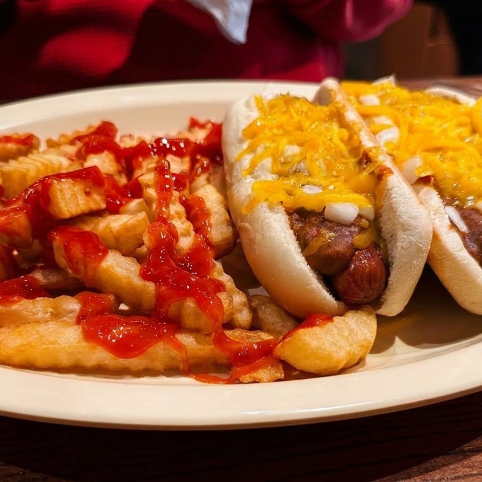 Two chili cheese hot dogs with diced onions and crinkle-cut fries with ketchup on a white plate.