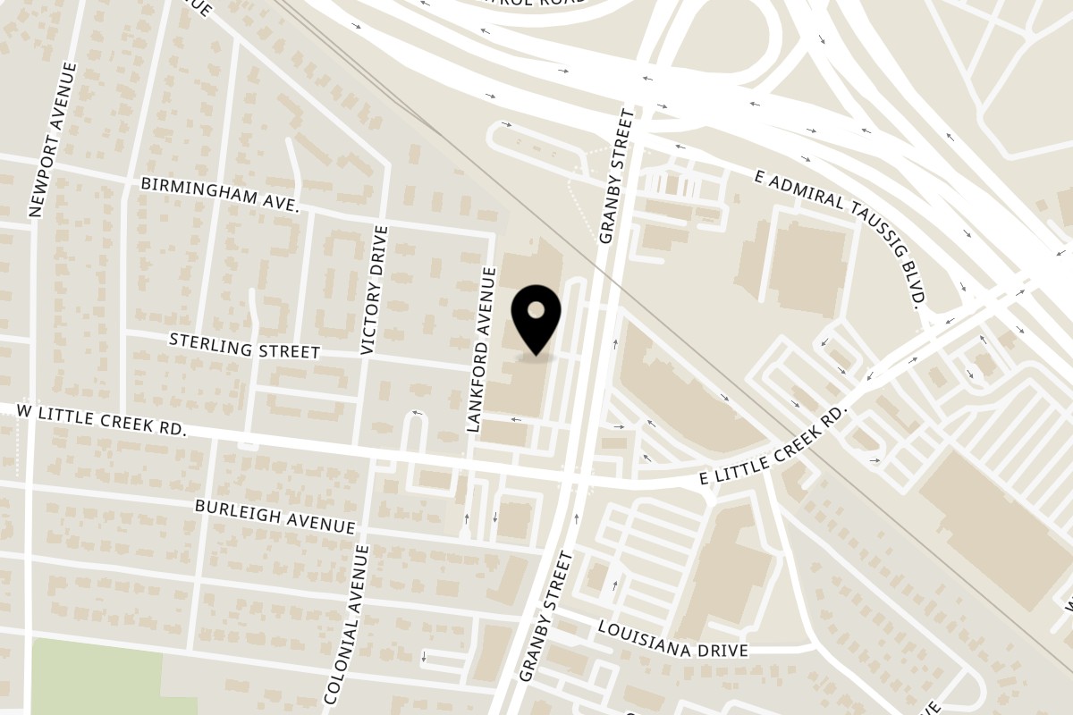 Map showing the location of The Pancake House & Grill on 7633 Granby St in Norfolk